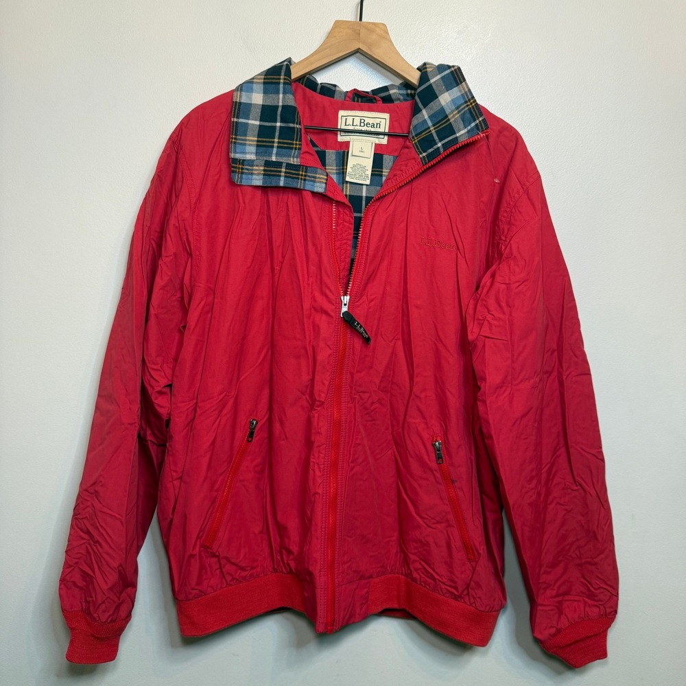 L.L. Bean Men's Warm Up Jacket Red Plaid Flannel Lined Nylon Large Tall 500396